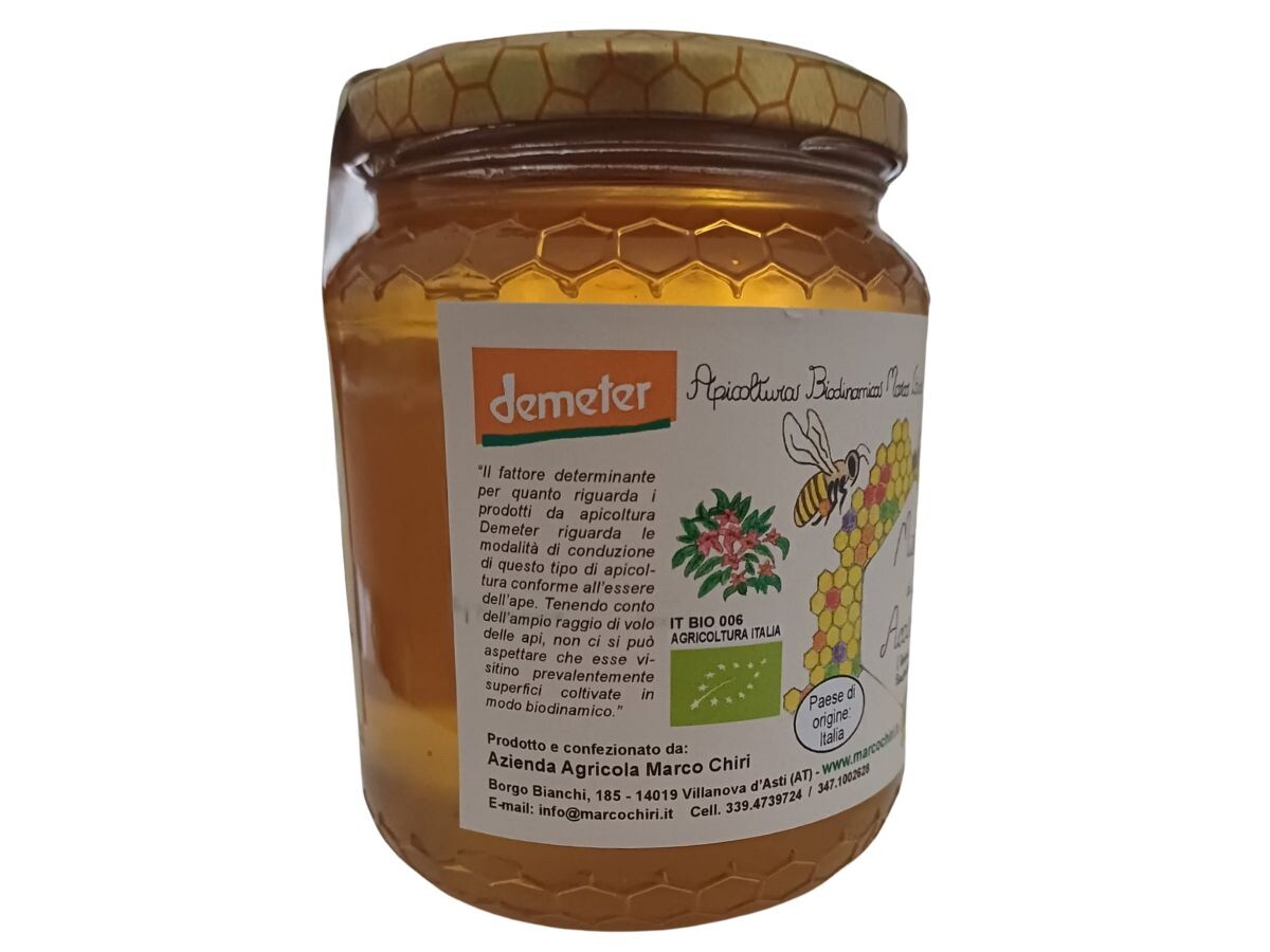 etichetta 2 MIELE Di ACACIA BIO BIODINAMICO 500 GR