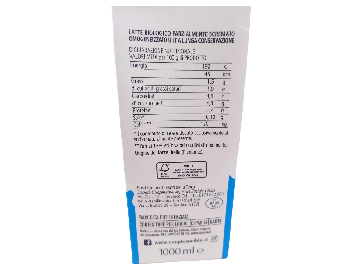 etichetta 1 LATTE UHT PARZIALMENTE SCREMATO 1 LT BIO