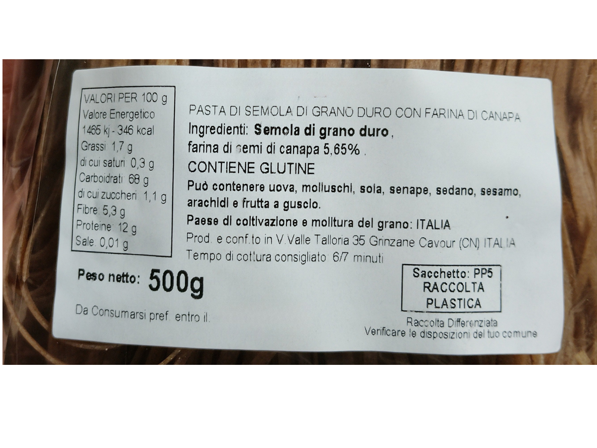 etichetta 1 TAGLIOLINI  ALLA CANAPA 500 GR