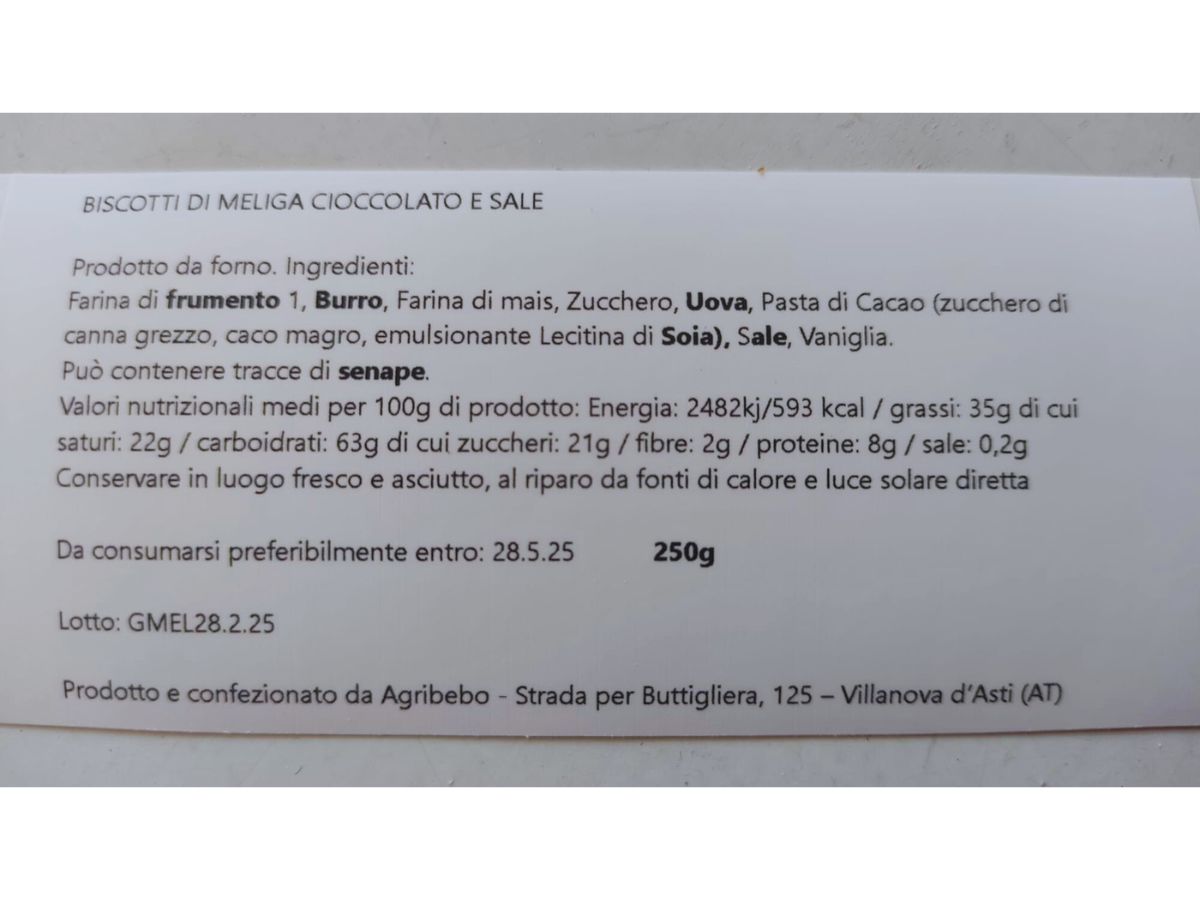 etichetta 1 BISCOTTI MELIGHE CIOCCOLATO FONDENTE E SALE MALDON 250 GR
