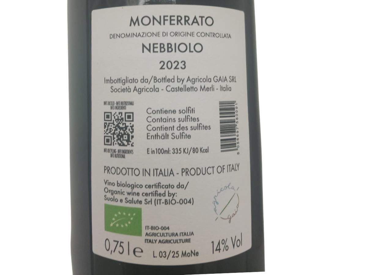 etichetta 1 VINO MONFERRATO NEBBIOLO DOC 2023 0,75 LT BIO
