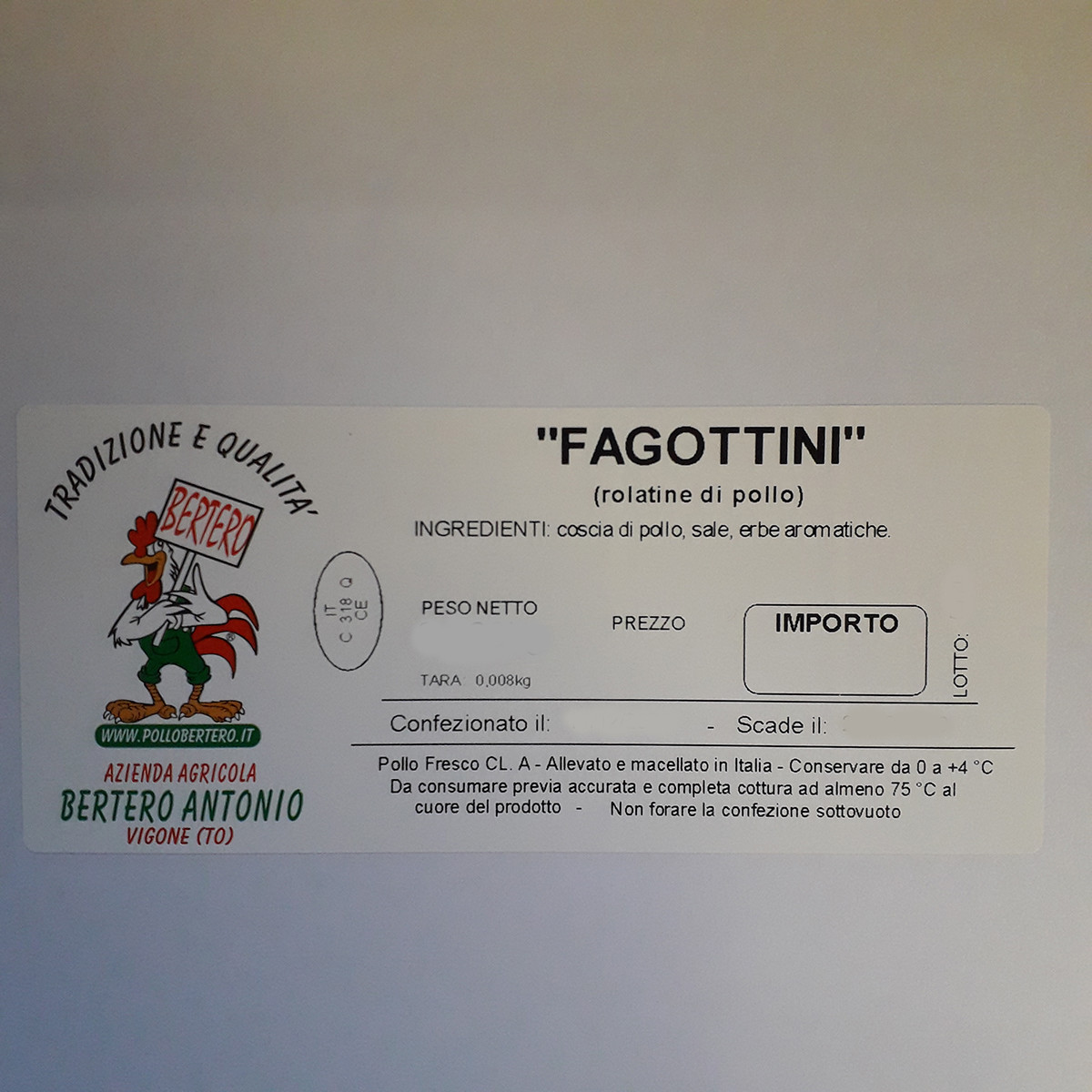 etichetta 1 Fagottini di pollo, rolatine con erbette 2 pz circa 360 gr