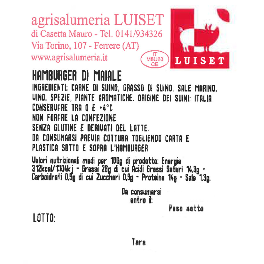 etichetta 1 HAMBURGER DI MAIALE 2 PZ. (240 GR.)
