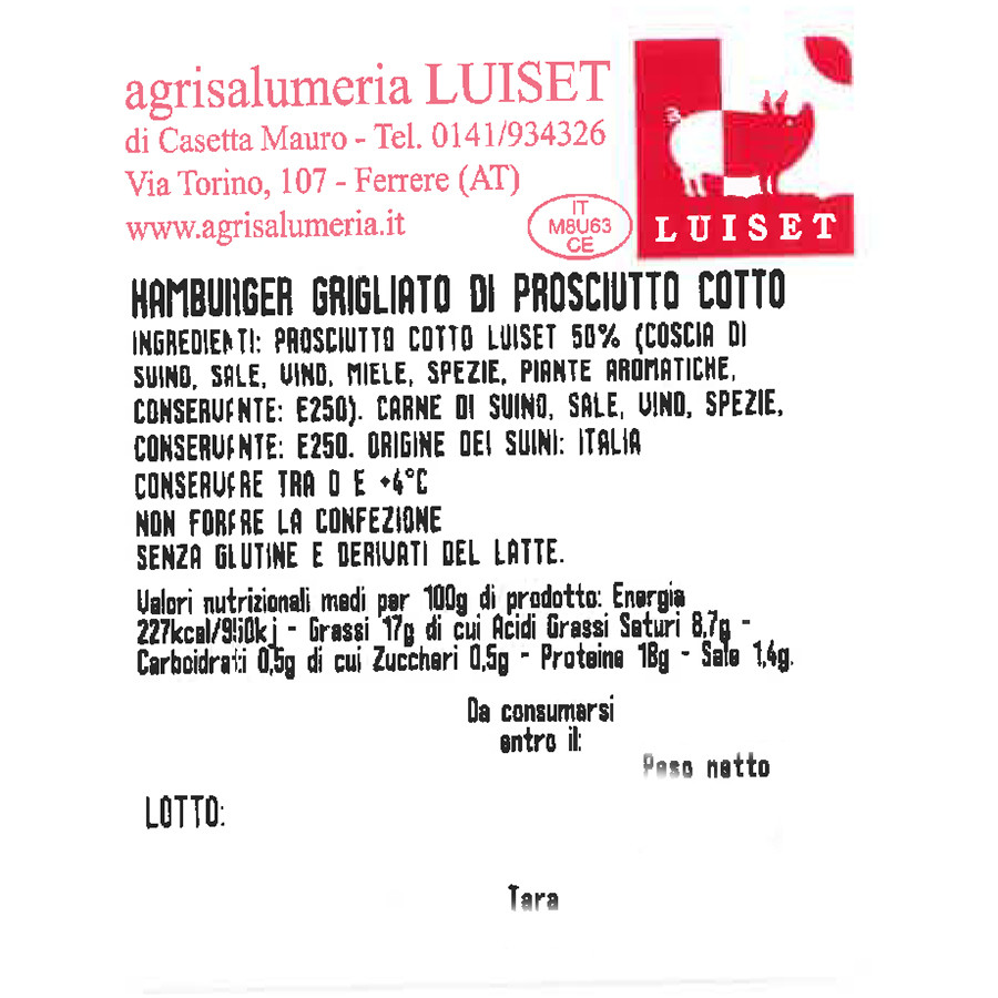 etichetta 1 HAMBURGER GRIGLIATO DI PROSCIUTTO COTTO 2 PZ. (160 GR.)