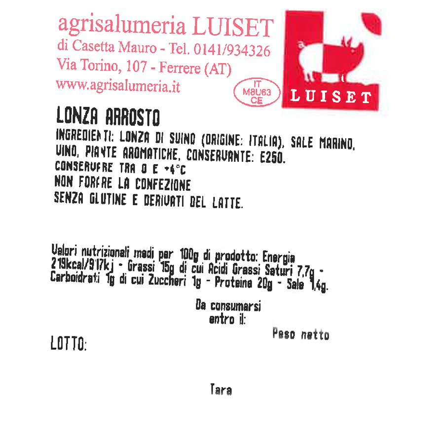 etichetta 1 LONZA ARROSTO A FETTE (150 GR.)