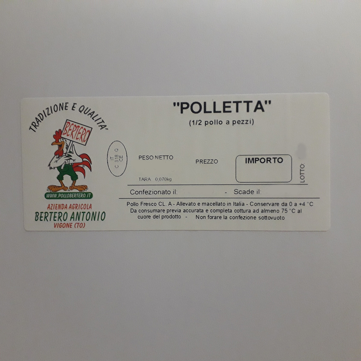 etichetta 1 VASCHETTA MEZZA POLLETTA COLLO PELATO A PEZZI SOTTO VUOTO (1 KG. CIRCA)
